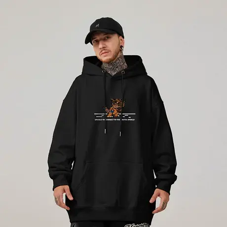 日系大码连帽美式重磅复古胖子男装潮流宽松水洗做旧卫衣春秋冬款商品大图