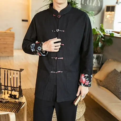 春秋复古棉麻唐装男士青年宽松外套亚麻改良日常汉服中式盘扣男装商品大图