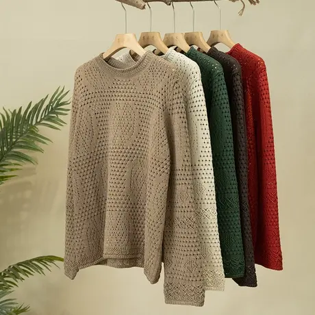 享永子【会呼吸的棉】镂空挑花套头针织衫女全棉卷边毛衣外套宽松商品大图