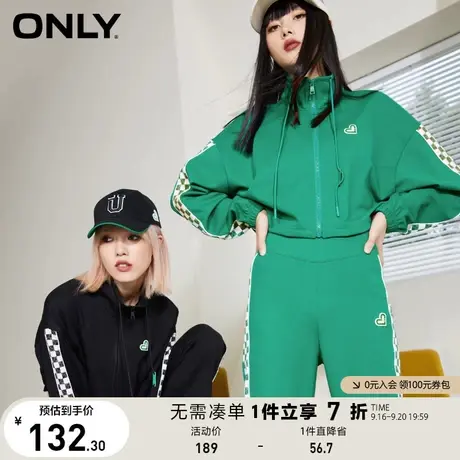 【买4免1】ONLY奥莱夏季时尚休闲运动风宽松棋盘格拼接卫衣女商品大图