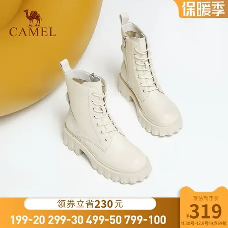 骆驼女鞋2024冬季新款真皮休闲厚底拉链系带粗跟靴子短靴女马丁靴图片