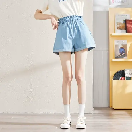 唐狮薄款牛仔短裤女夏季新款高腰花苞腰韩版宽松裤子设计感图片