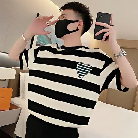 潮牌刺绣短袖T恤时尚夏季潮流条纹体恤装2023新款夏装半截袖汗衫商品大图