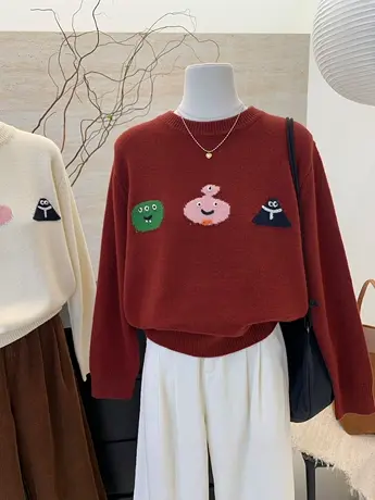 圣诞氛围感童趣卡通图案宽松减龄圆领长袖毛衣女打底冬季大红上衣商品大图