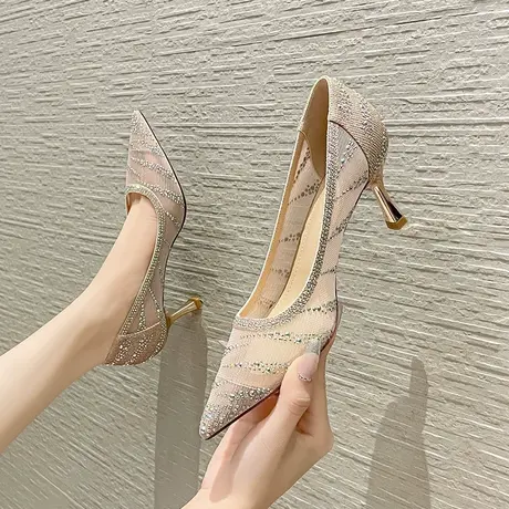 高跟鞋女细跟2024年新款春秋性感尖头网纱仙女风水钻单鞋日常通勤图片