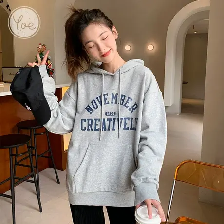 yoe卫衣2023春秋新款女士上衣胸前印花带帽长袖ins慵懒百搭休闲商品大图