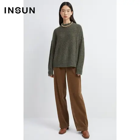 INSUN恩裳冬季复古摩登雪尼尔竖条阔腿裤商品大图