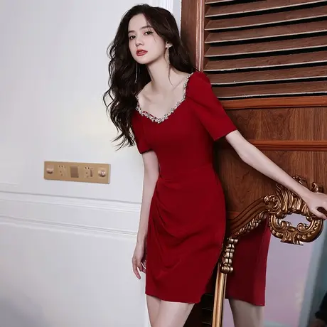 红色小礼服红裙子敬酒服新娘夏季小个子酒红色平时可穿连衣裙短款图片