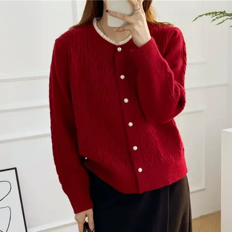 春装2024年女装本命年红色开衫毛衣女秋冬2023新款针织衫外套爆款图片