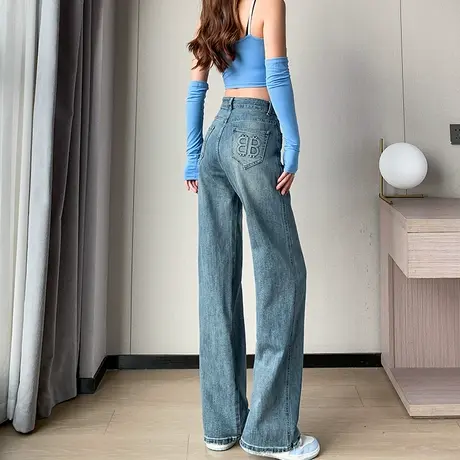 高腰窄版阔腿牛仔裤女2024春夏新款显瘦宽松百搭垂感直筒拖地裤子图片