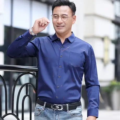 爸爸长袖衬衫秋装上衣服中年男士春秋季薄款衬衣中老年人宽松寸衣图片