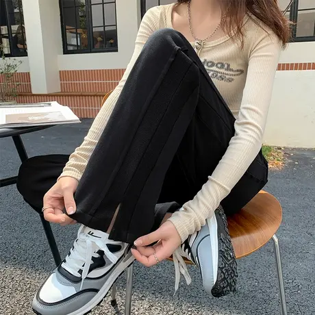 唐狮美式运动裤女黑色2023新款秋冬窄版阔腿裤子开叉休闲裤卫裤图片