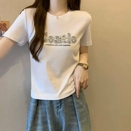 欧货重工镶钻短袖t恤女夏季新款设计感小众修身短款正肩上衣小衫商品大图