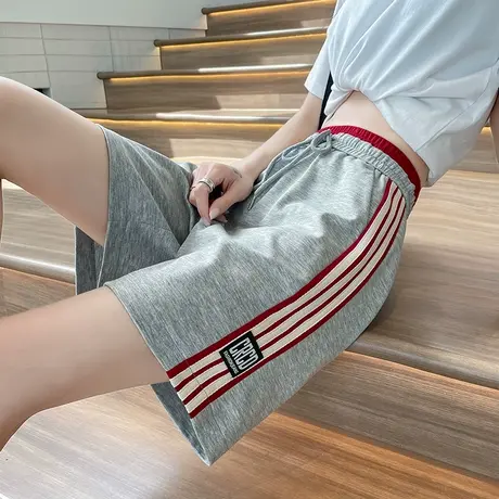 灰色运动短裤女夏季薄款三道杠高腰宽松显瘦5分阔腿休闲五分种裤图片