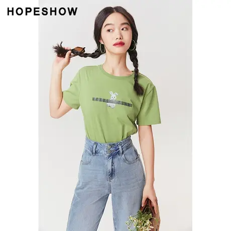 红袖outlets卡通兔子印花套头T恤hopeshow2023夏款圆领宽松短袖商品大图