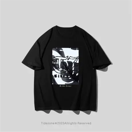 Ohlyah美式黑色圆领字母短袖T恤男女同款基础简单款半截袖打底图片