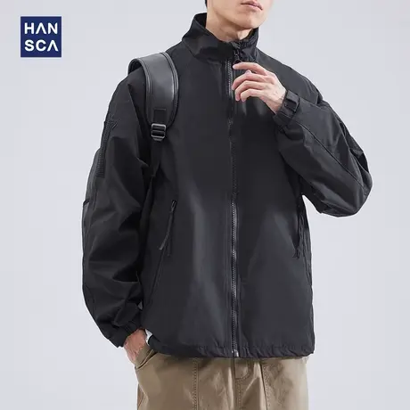hansca冲锋衣男秋冬季黑色美式潮牌机能风户外纯色立领防风外套男商品大图
