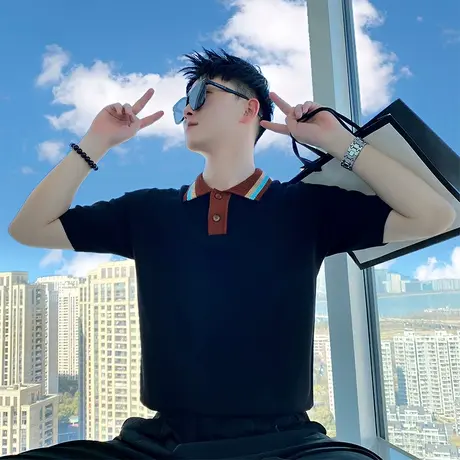 针织POLO衫男夏季男装半截袖ins潮流韩版轻熟拼色休闲短袖T恤上衣商品大图