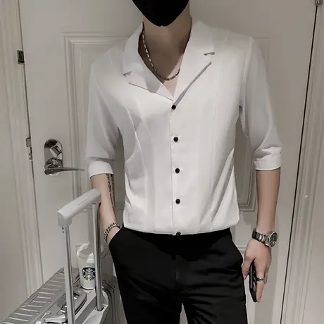 衬衫男士七分袖港风日系痞帅夏装发型师设计感时尚衬衣短袖潮中袖商品大图