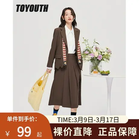 TOYOUTH初语新款西装女秋季送复古丝巾气质垫肩复古棕色外套商品大图