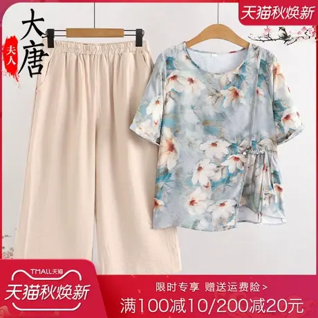 中老年人夏装套装女妈妈短袖T恤圆领套头奶奶两件套洋气老人衣服商品大图