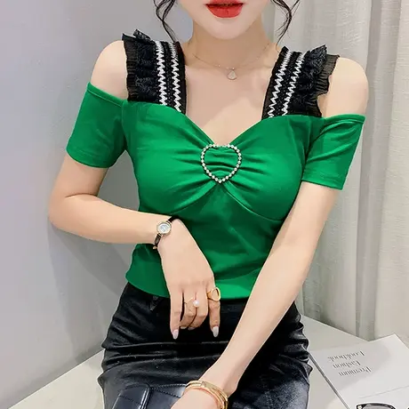 吊带一字领上衣女2023夏装新款性感露肩T恤短袖洋气网纱拼接小衫商品大图