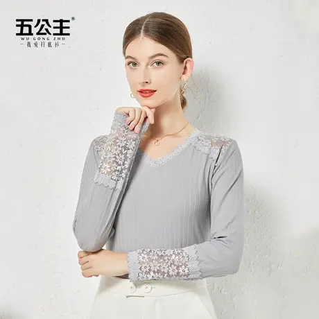 五公主低领蕾丝打底衫新款秋冬妈妈时尚洋气小衫V领内搭显瘦上衣商品大图