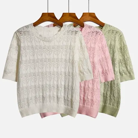 短袖镂空针织衫女夏外穿新款宽松圆领吊带裙子外搭t恤上衣打底衫商品大图