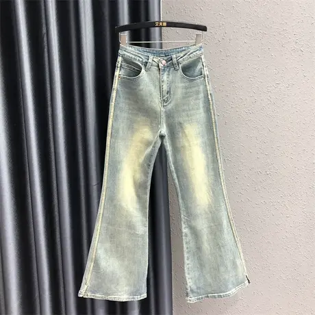 2023年秋季新款港味ins复古高腰牛仔裤长裤女潮修身显瘦微喇叭裤图片