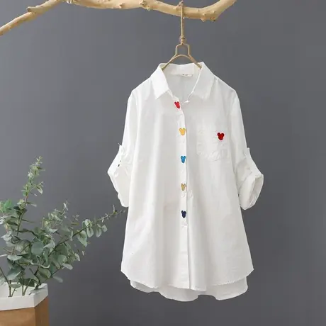 白衬衫女韩范休闲打底衫秋季新品文艺上衣宽松长袖短款刺绣衬衣潮商品大图
