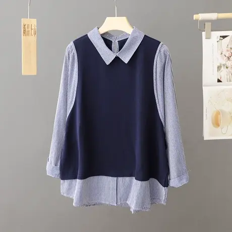春秋新款2023年蓝色条纹拼接衬衫女假两件衬衣宽松韩版休闲上衣女商品大图