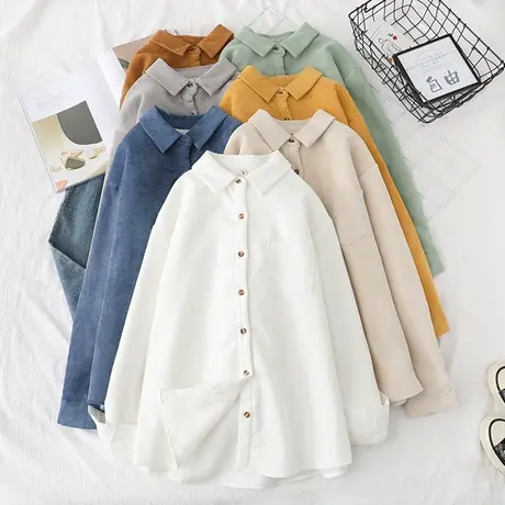 韩版纯色加绒衬衫女秋冬新款宽松灯芯绒学生长袖加厚打底上衣外套商品大图