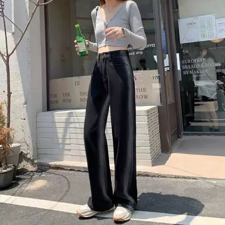 黑色阔腿渐变牛仔裤女秋季2023年新款高腰阴影裤直筒宽松拖地裤子图片