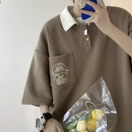 华夫格Polo衫短袖女设计感小众夏季宽松日系复古港味chic上衣t恤商品大图