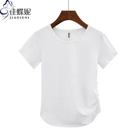 夏季新款韩版圆领宽松休闲纯色纯棉褶皱短袖体恤上衣内搭女打底衫商品大图