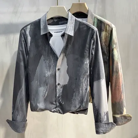 春秋长袖衬衣痞帅花衬衫韩版靓仔上衣帅气潮男网红潮流发型师男装图片