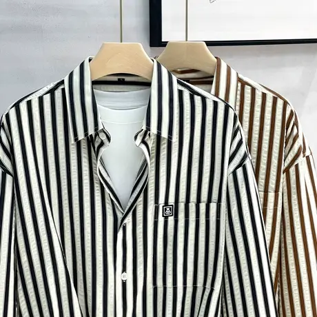 春秋日系复古高档竖条纹长袖衬衫男衬衣男装美式休闲青年寸衫外套商品大图