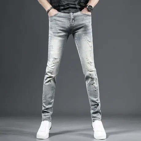 高端破洞牛仔裤男春季2023新款浅蓝色修身小脚潮流薄款弹力裤子男商品大图