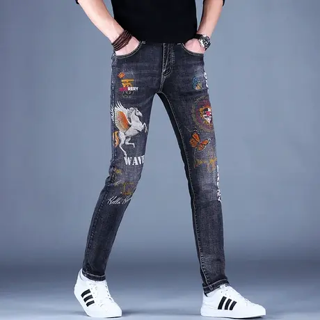男士高端印花牛仔裤男潮牌秋款男款2023新款修身小脚韩版休闲裤子商品大图