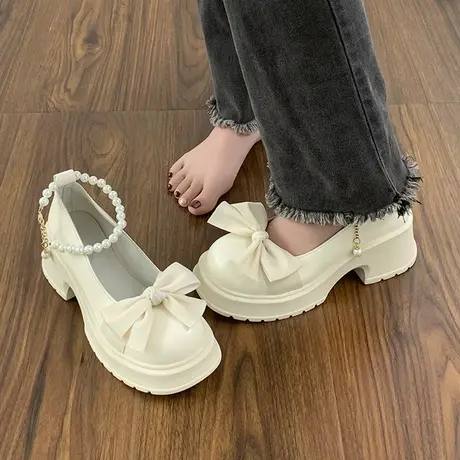 法式玛丽珍小皮鞋女2023春新款厚底增高蝴蝶结配裙子粗跟高跟单鞋商品大图