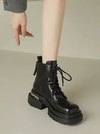 欧美机车厚底马丁靴女2023新款春秋英伦风小个子方头潮酷炸街短靴商品大图