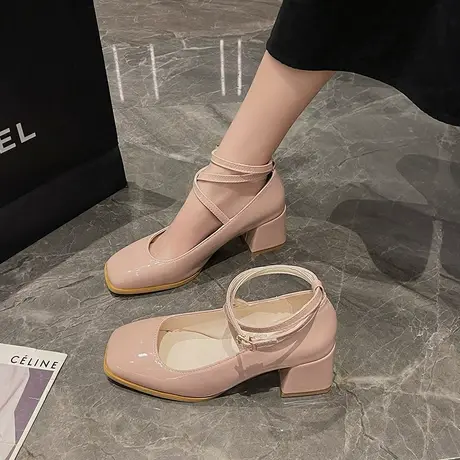 粗跟玛丽珍女鞋2023年夏季交叉绑带高跟单鞋仙女法式洋气小皮鞋潮商品大图