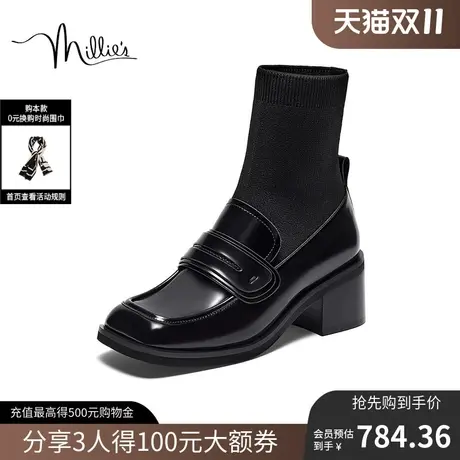 妙丽2023秋冬新款弹力袜靴女厚底短靴瘦瘦靴85601DD3商品大图