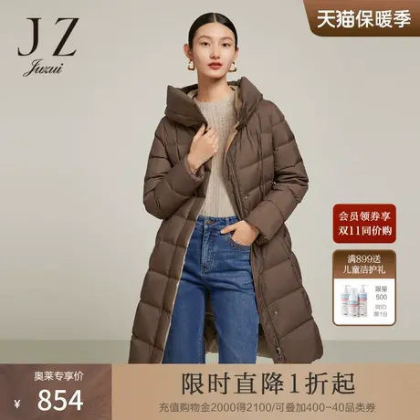 JZ玖姿色织暗格纹帽款羽绒服2022冬新款加厚保暖白鸭绒外套商品大图