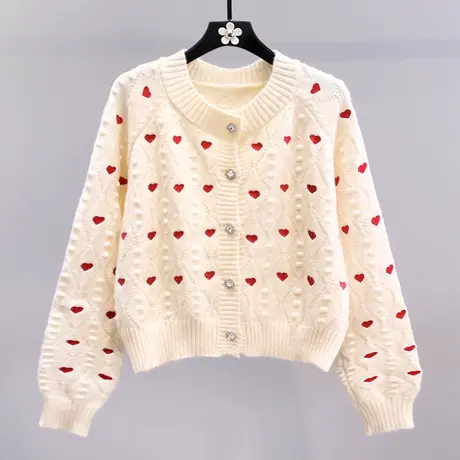 日系爱心刺绣毛衣外套女秋冬2023新款宽松洋气减龄短款针织开衫商品大图
