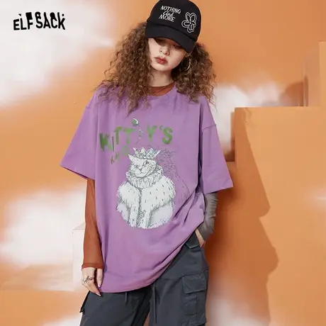 妖精的口袋猫咪印花紫色短袖t恤女2023春季新款宽松半袖内搭上衣图片