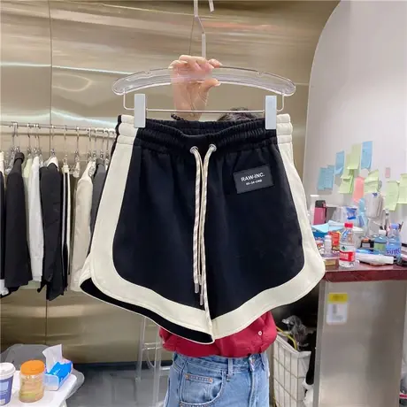 韩版2022年夏季女装新款时尚高腰显瘦百搭个性抽绳撞色休闲短裤商品大图