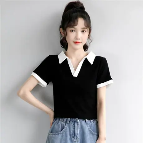 2023夏季新款黑色polo短袖独特别致T恤女夏撞色V领正肩短款上衣服商品大图