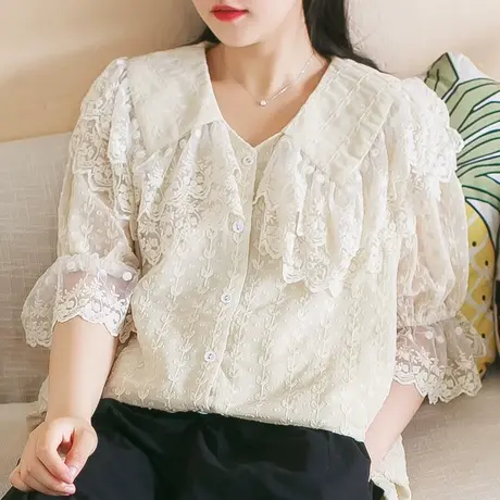 胖妹妹夏季2023新品满幅绣法式宫廷衬衫大码花边领五分袖宽松上衣商品大图