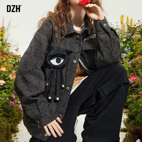 男士黑色纯棉牛仔外套男秋季潮牌情侣装宽松夹克上衣男装2023新款商品大图